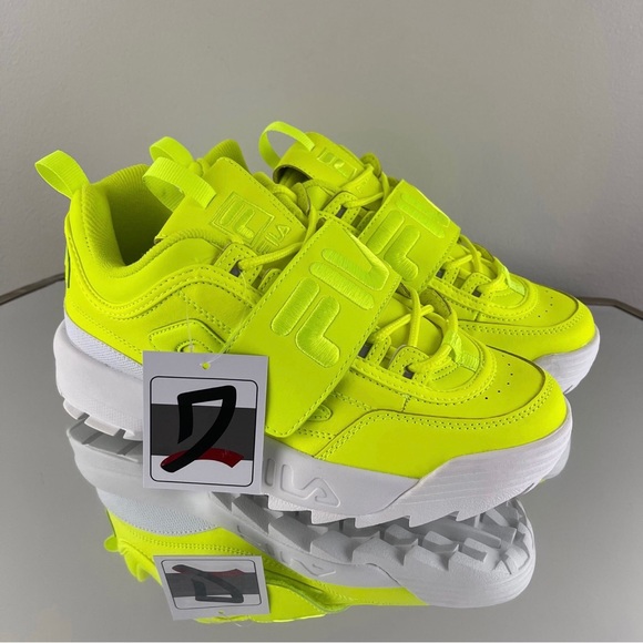 FILA Women’s Neon Safety Yellow Distruptor II Applique Chunky Sneakers - Picture 2 of 11